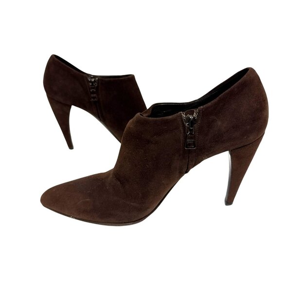 Prada Women's Vero Cuoio Bootie Heeled Zip Brown Suede Italy Size EU 39 US 8 - Picture 7 of 11